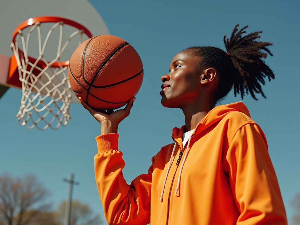 A person in an orange hoodie holds a basketball near a hoop under a clear blue sky.