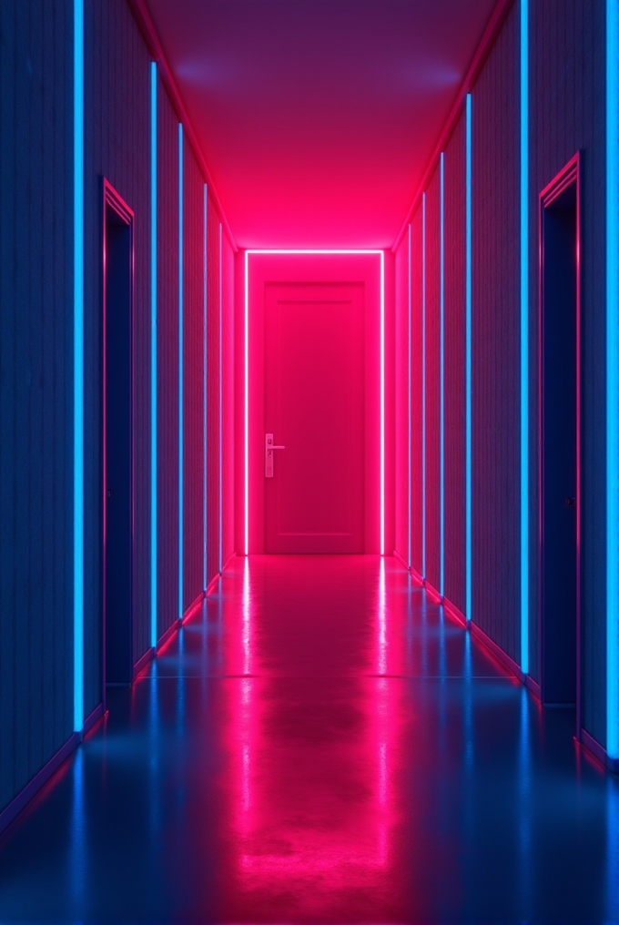 A futuristic corridor with vibrant neon blue and pink lights reflecting on glossy surfaces, leading to an illuminated pink door at the end.