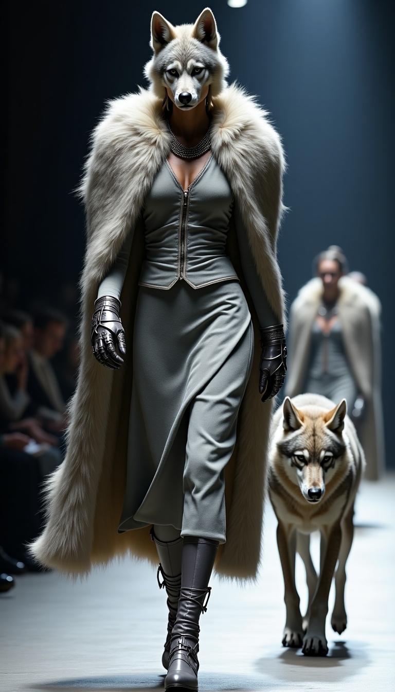 A tall wolf-human with silver fur-lined clothing strides powerfully down the runway. Her tailored cloak mimics the texture and sheen of a wolf's pelt, with claw-like accents on her gloves. By her side is a direwolf, its sharp eyes and massive build reflecting her commanding presence. The setting is a high-fashion runway, illuminated with dramatic lighting. This imagery combines elements of fashion and fantasy, showcasing an extraordinary blend of human and wolf characteristics.