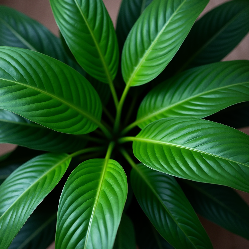 The image shows the top view of a plant with large, vibrant green leaves radiating outwards.