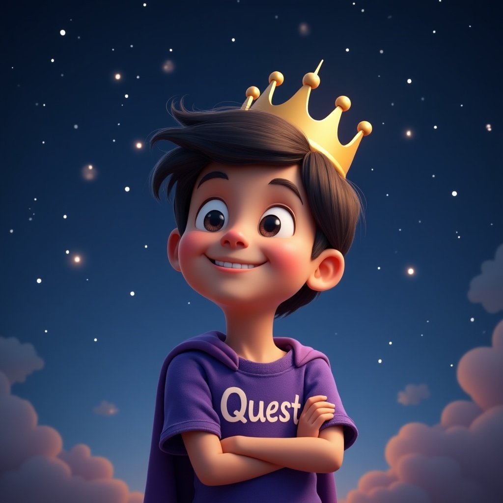 A little prince is smiling confidently while looking at the stars. He wears a purple shirt with the word 'Quest' on it and a golden crown. The background has soft clouds and a starry sky.