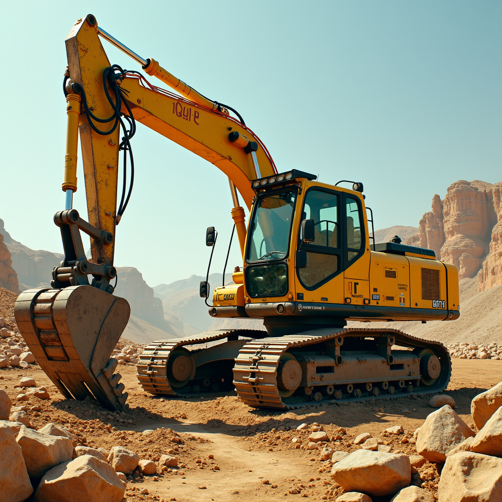 A yellow excavator standing ready on rocky desert terrain under a clear blue sky.