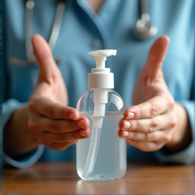 A medical professional's hands around a clear hand sanitizer bottle on a wooden surface.