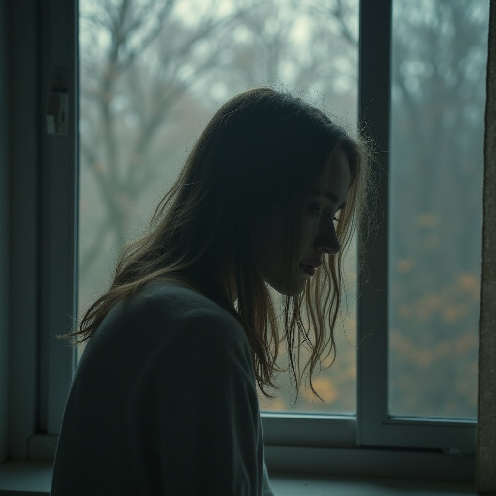 A woman sits quietly by a window. She has long hair and a pensive expression. The atmosphere is melancholic. The background is out of focus and the lighting is soft and moody.