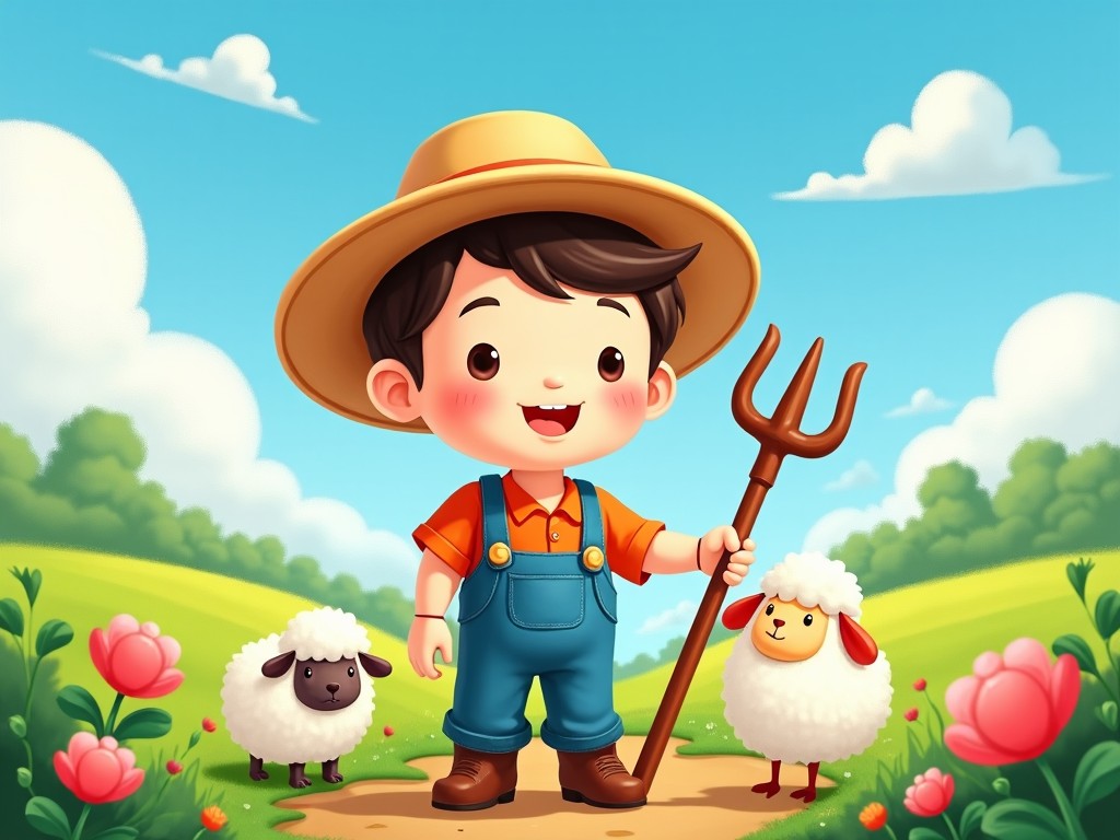 This image features a cute boy dressed as a farmer standing on a dirt path in a vibrant green field. He holds a pitchfork and has a big smile on his face. Two fluffy sheep are next to him, one black and one white. The background is a beautiful landscape with blue skies and fluffy clouds. Colorful flowers are blooming along the path, adding to the cheerful atmosphere. The scene conveys a sense of happiness and simplicity in nature.