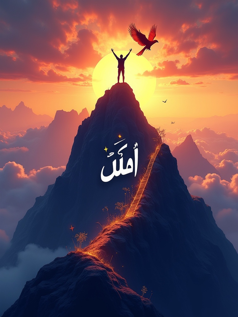 Majestic mountain peak at sunrise. Warm orange gold and purple gradients fill the vibrant sky. Dark blue mountain contrasts with bright sky colors. Silhouette of a person stands victoriously at the summit with arms raised. Fiery phoenix soars nearby. Ladder fades into wispy clouds suggesting ongoing journey. Bold Arabic text 'إنهض ودافع' displayed in white font. Glowing light effects surround mountains. Subtle plant growth amidst rugged rocks. Hidden symbols like star and brain in the background.