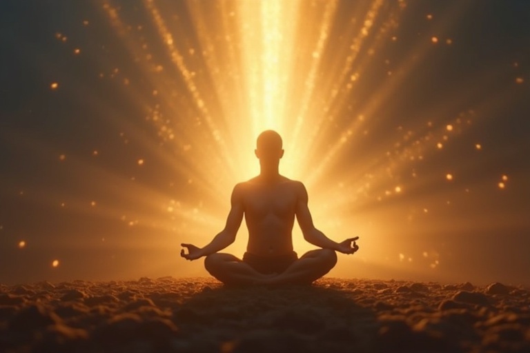 A person sits cross-legged in meditation. Bright rays of light emanate from their body symbolizing inner strength. A serene and powerful atmosphere surrounds the figure.