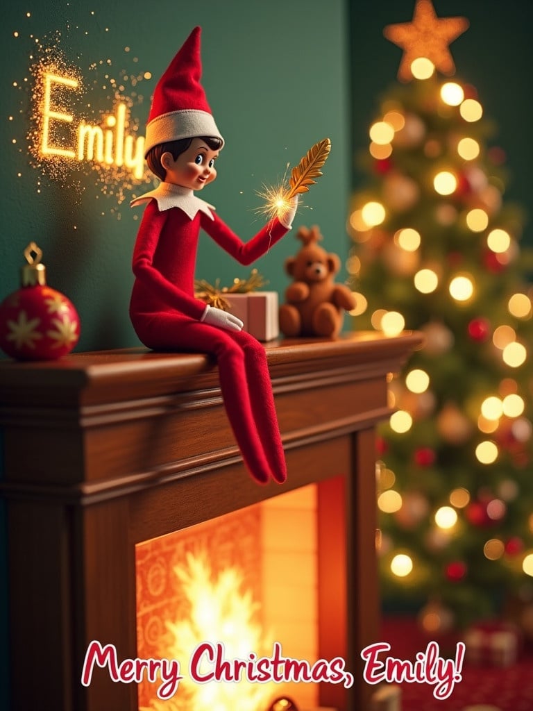 Cheerful Christmas card features mischievous Elf on the Shelf on a mantle. Elf holds golden quill writing the name Emily in stardust. Behind is beautifully decorated Christmas tree with fairy lights and ornaments. Text Merry Christmas, Emily! at bottom in playful fonts. Scene shows warmth and joy of holiday with vibrant colors.