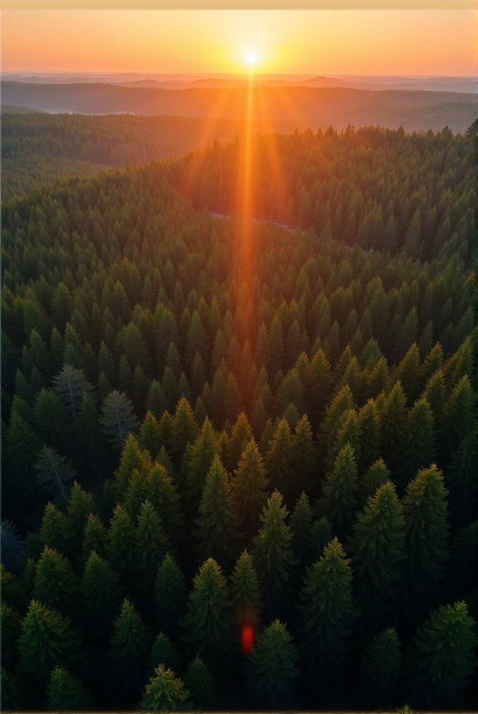 The sun rises over a vast forest, casting orange light on the treetops.