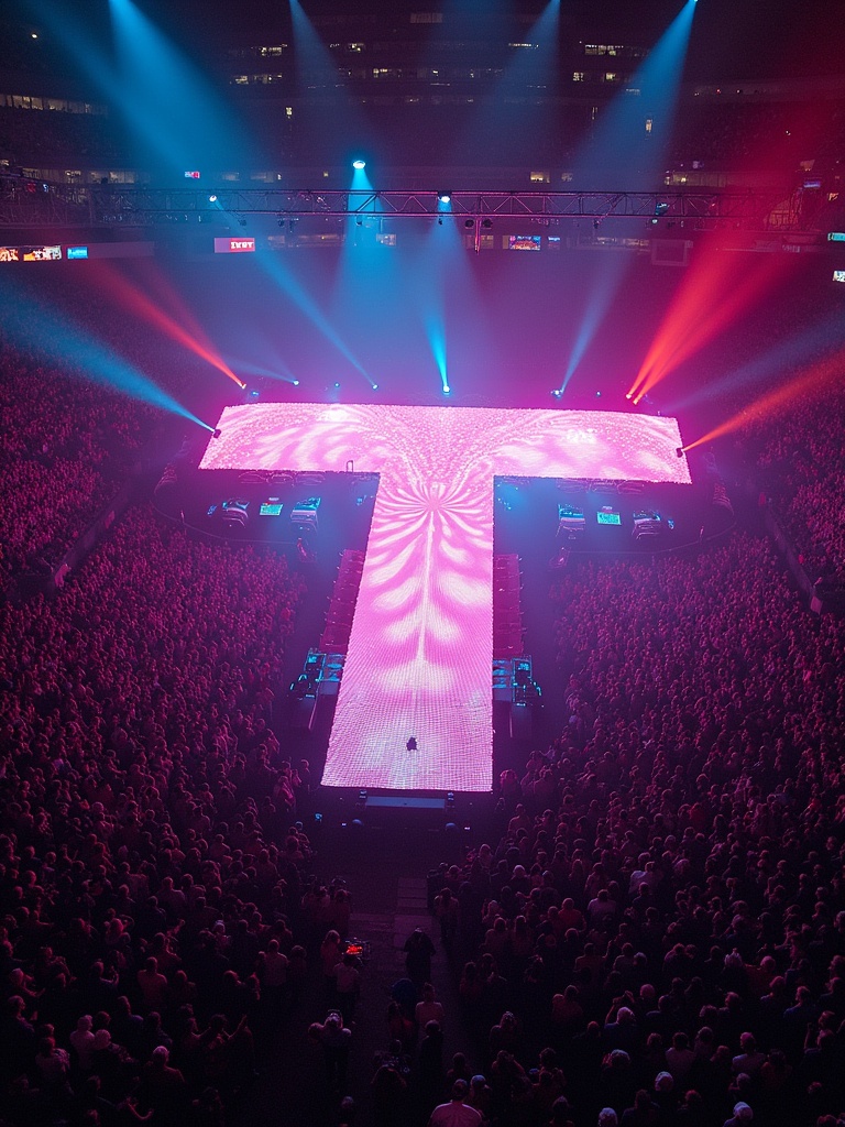 Aerial view of a Travis Scott concert at Madison Square Garden. A unique T-shaped stage is illuminated by vibrant pink and blue lights. The crowd is dense, showing a large audience. The atmosphere is electric and energetic.