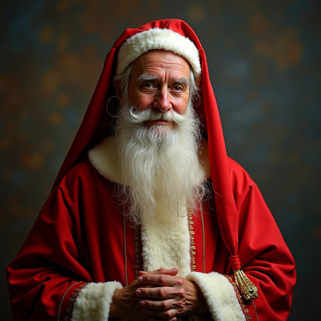 Portrait of Santa Claus dressed in red with a long white beard. The background features a warm, textured design. Santa appears friendly and festive.