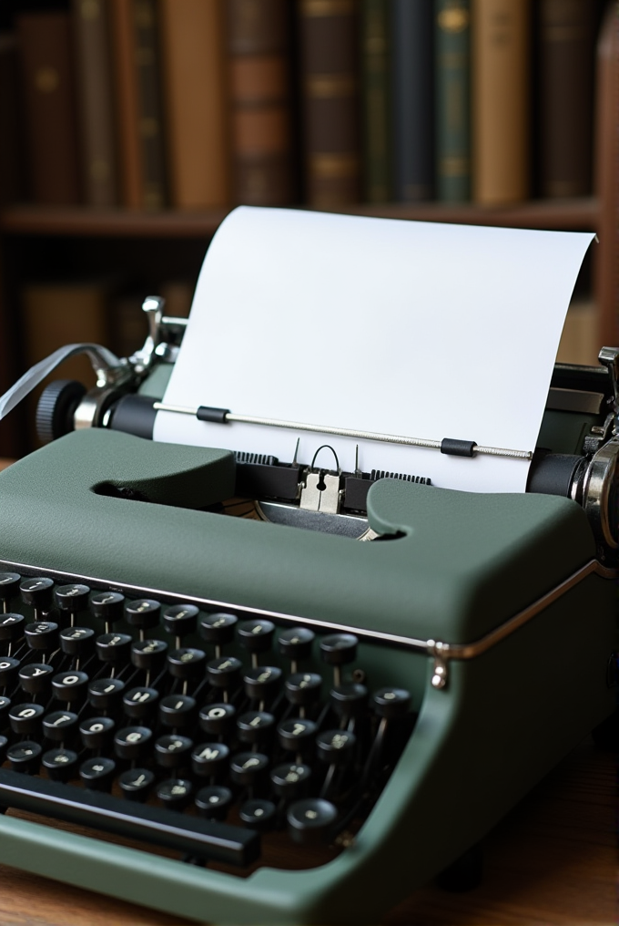 A classic green typewriter with a fresh sheet of paper sits on a wooden desk against a backdrop of books.