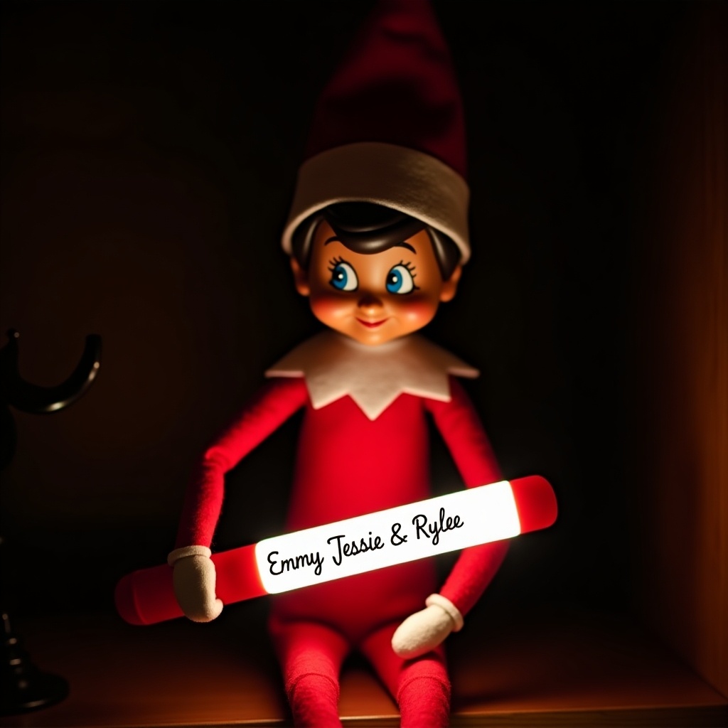 This image features an elf on the shelf character. The elf is dressed in traditional red and white attire. It holds a glow stick with the name 'Emmy Jessie & Rylee' illuminated in soft light. The dark background enhances the glow, creating a cozy atmosphere. This scene captures the magic of the holiday season in a delightful way.