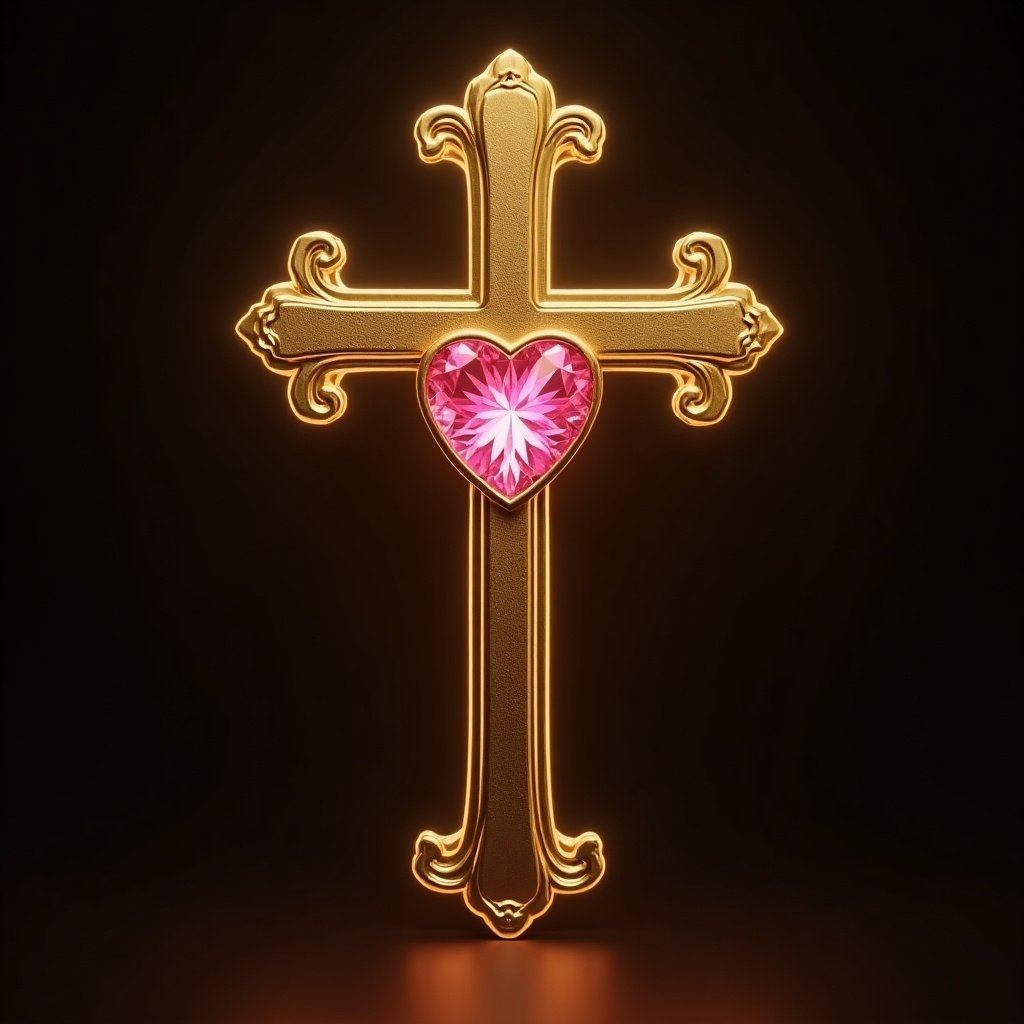 Gold cross design with a heart in the center featuring a sparkling birthstone nestled inside