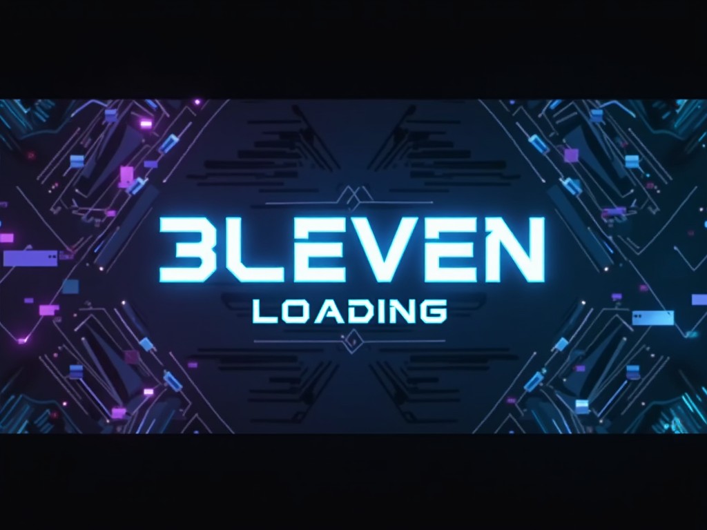 The image features a loading screen with the text '3LEVEN LOADING.' It showcases a futuristic design, employing bright neon colors against a dark background. The focal point is the bold, stylized text, emphasizing a tech-savvy vibe. Surrounding the text are abstract digital patterns that enhance the modern aesthetic. This design is ideal for gaming or tech applications, capturing attention with its vibrant visuals.