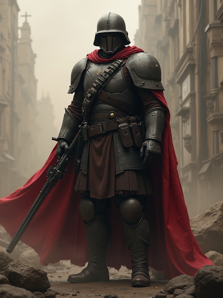 Heroic soldier stands on guard duty. The soldier wears medieval-style armor. A flowing red cape adorns his attire. He holds a weapon firmly. The background features a narrow, foggy street with ancient architecture.