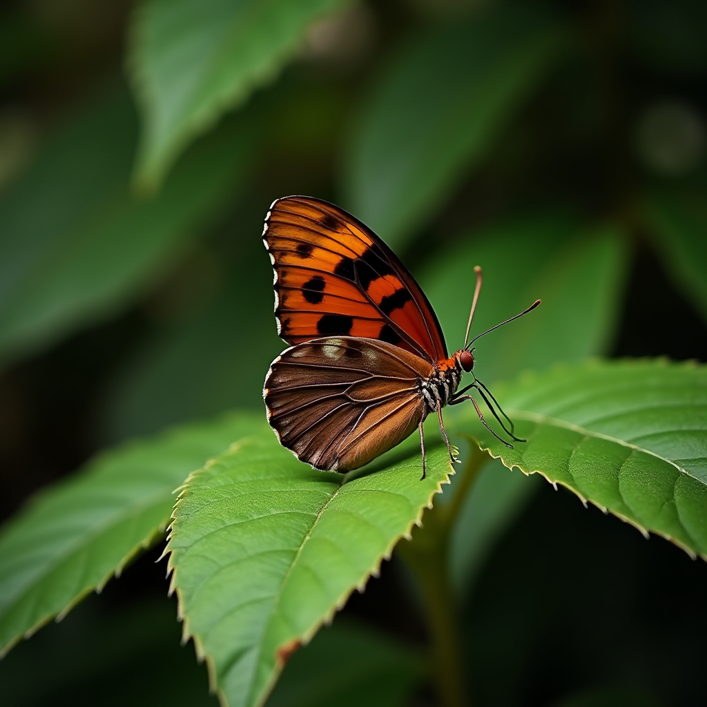 An orange and black butterfly rests gracefully on a green leaf amidst a lush, blurred background in a forest setting.