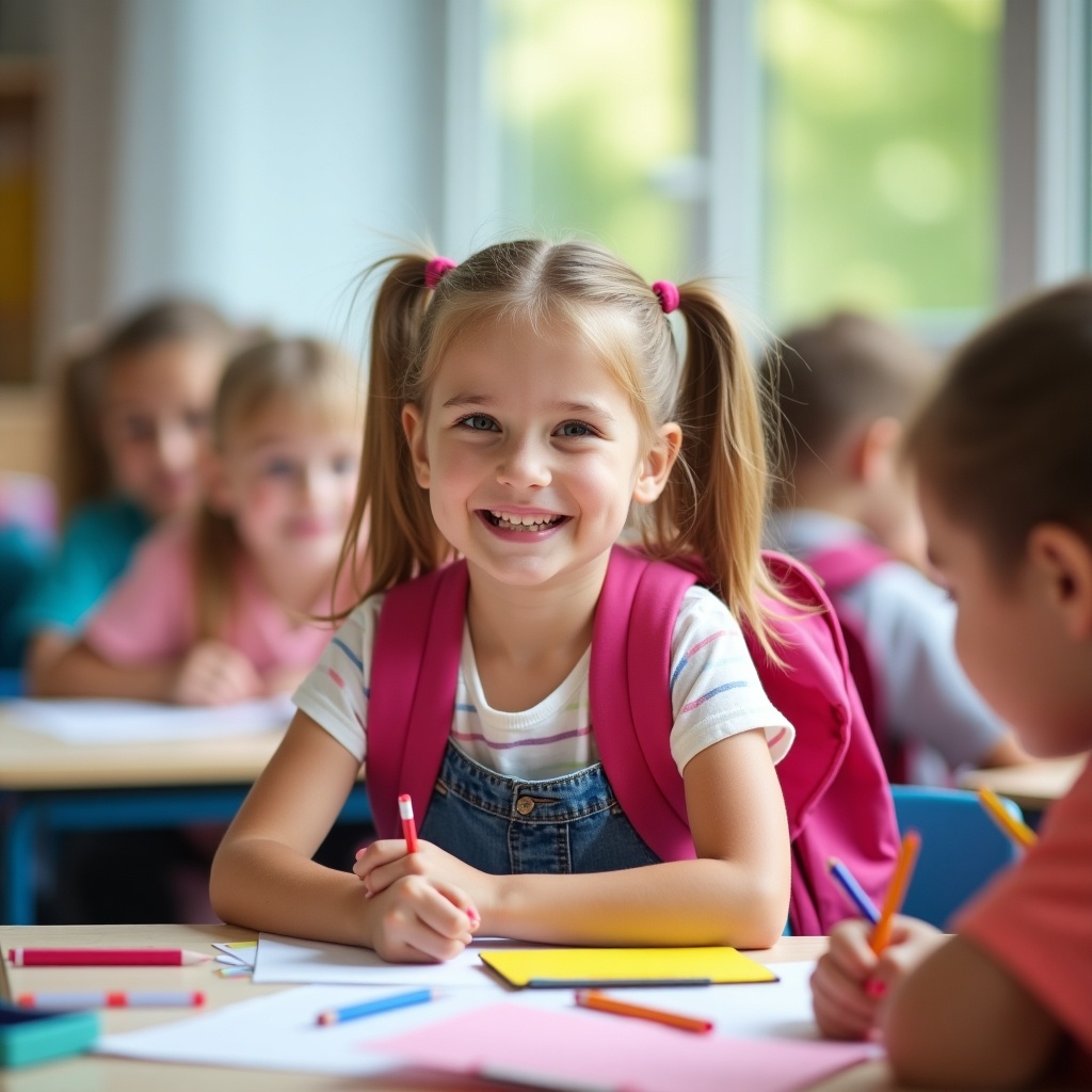 The image depicts a cute girl, approximately 10 years old, sitting in a bright classroom filled with other children. She has a joyful expression, wearing a pink backpack and a casual outfit. The girl is actively engaged in her schoolwork, with colorful papers and art supplies scattered on the desk. Sunlight streams through the windows, creating a cheerful atmosphere. Other students are visible in the background, focused on their own tasks, adding to the busy school environment.