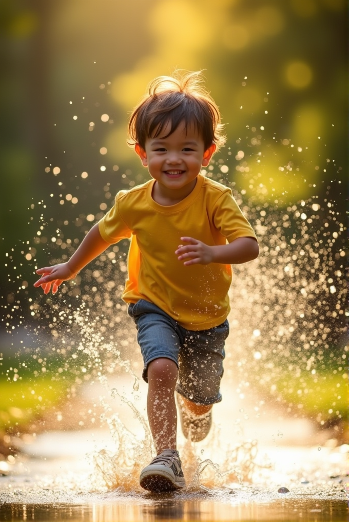 A smiling child in a yellow shirt is happily running through a puddle, splashing water around.