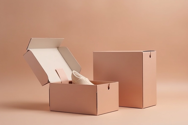 Shoe box arrangement on a soft peach background. One box is open with a shoe inside. Another box is closed. The composition showcases a minimalist design.