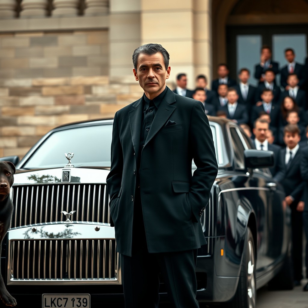 A man in a black suit stands confidently in front of a luxurious car with a group of people behind him.