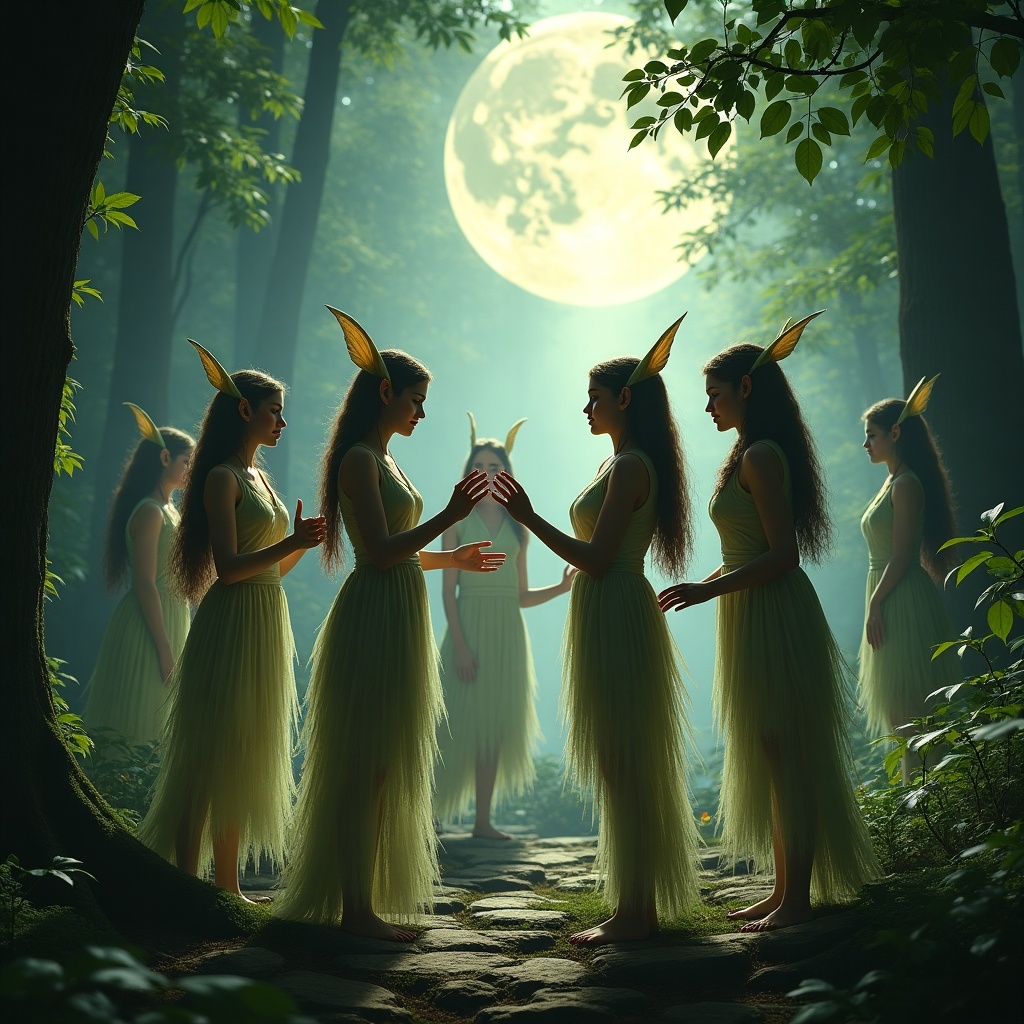 Gathering of elfs in a moonlit forest. Multiple figures dressed in light green garments, interacting with each other. Soft, magical lighting enhances the enchanting atmosphere