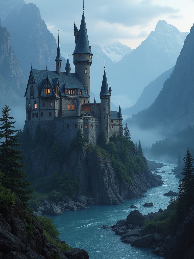 Majestic castle on rocky outcrop. Winding river nearby. Elaborate architecture with tall towers. Soft lights from windows. Cool evening sky. Dramatic mountains in mist. Evokes magic and fantasy.