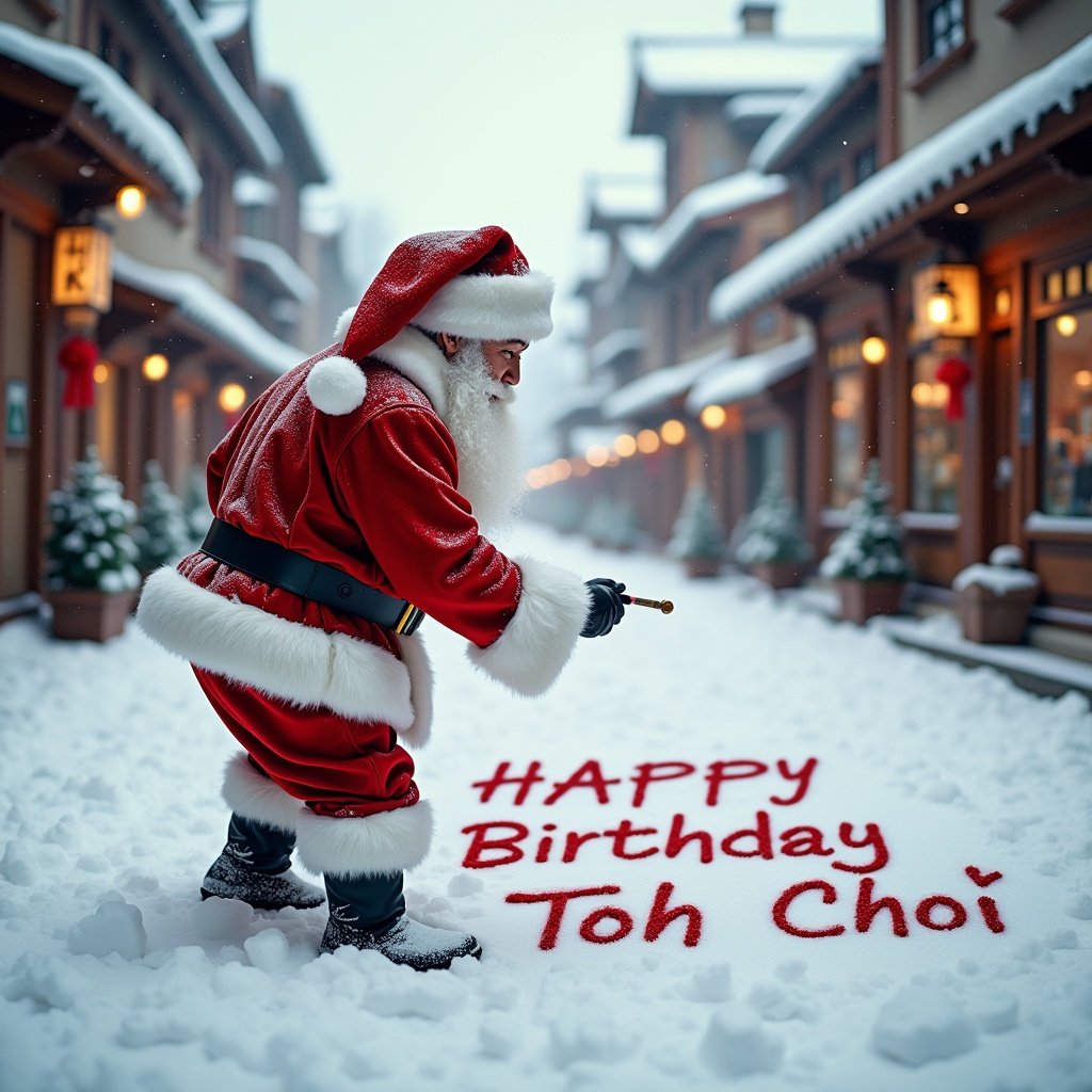 Santa Claus writes in snow. He wears red and white clothing. The street has snow and charming buildings. Soft winter light creates cheer. Happy Birthday Toh Choi in the snow. Scene conveys festive mood.