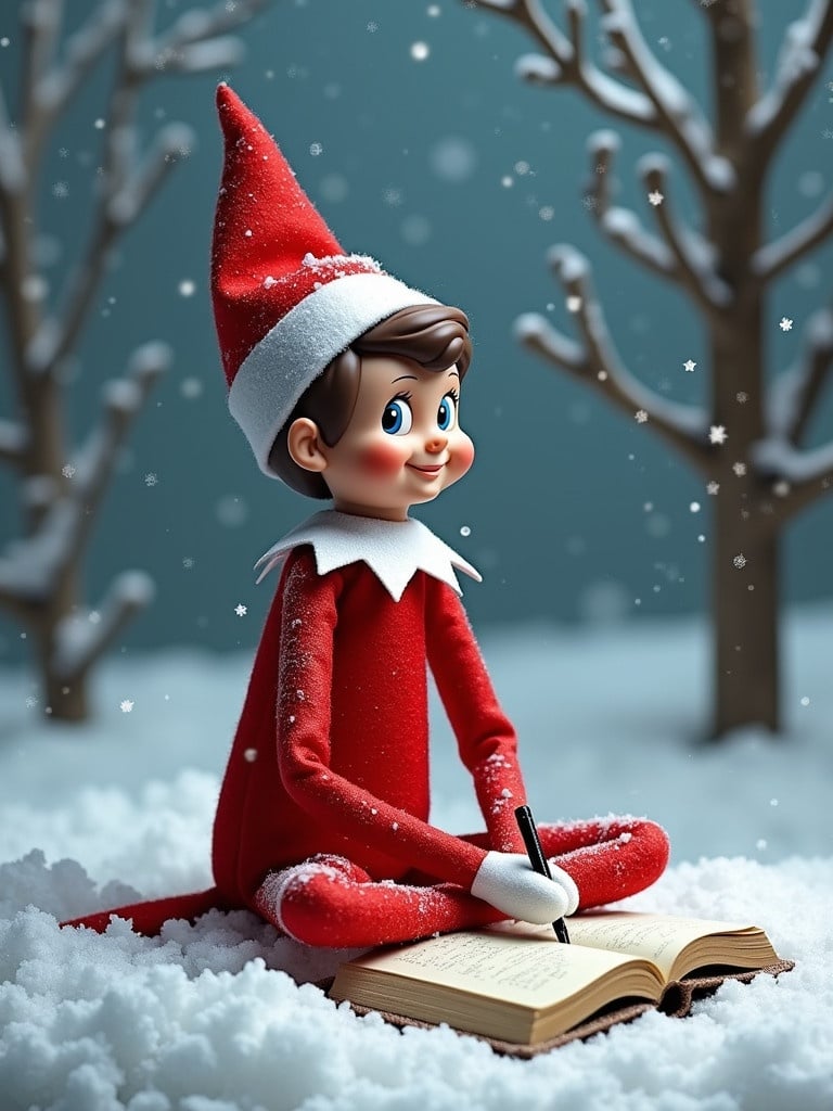 Elf on the shelf sits on the snowy ground writing in a book. The elf wears a bright red outfit with a matching hat. Surrounding trees with no leaves. Light snowflakes fall gently in the background.