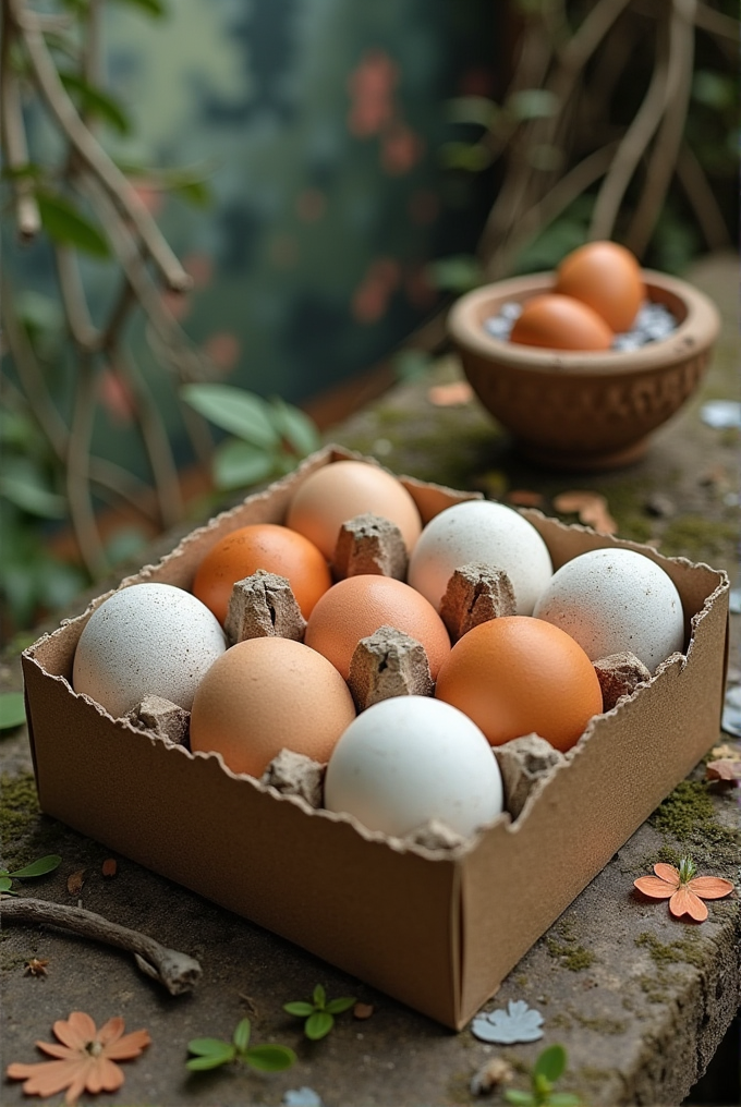 A carton of mixed brown and white eggs on a moss-covered surface with scattered leaves and branches, evoking a rustic outdoor setting.