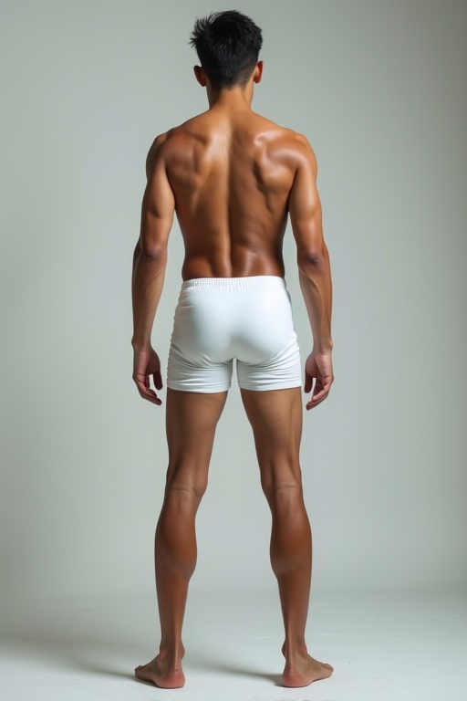 A striking 21-year-old Japanese biker boy stands with his back facing the viewer. He wears snug white short shorts that showcase his skinny physique. His legs are slightly apart, displaying highly developed calf, shin, and ankle muscles. He is a dedicated biker with impressive calf implants, giving his calves a bulging appearance. The image highlights the contrast between his skinny upper body and muscular legs.