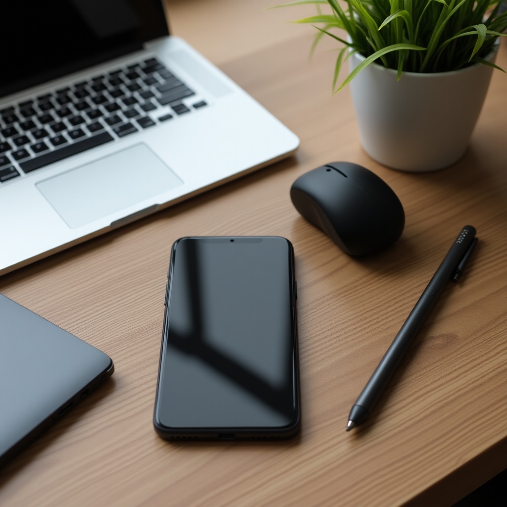 Composition of modern tech gadgets on a wooden desk. Includes smartphone, laptop, stylus, digital accessories. Minimalist design.