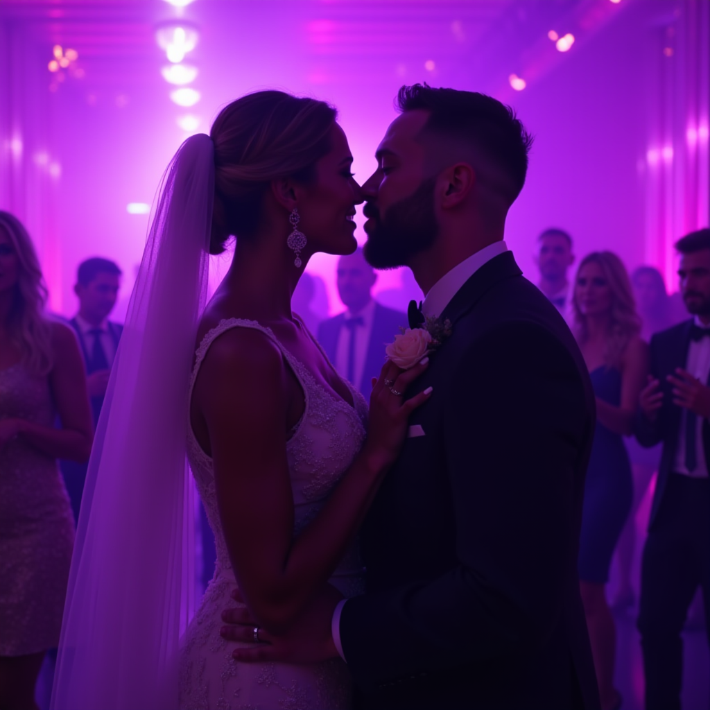 A bride and groom share a romantic moment on the dance floor surrounded by guests, illuminated by soft purple lighting.