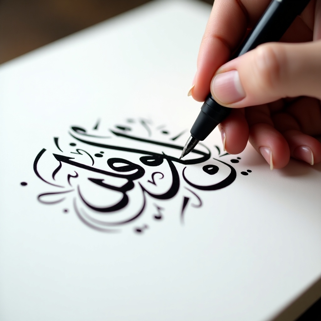 The image captures a close-up of a hand writing Arabic calligraphy with elegance and precision. The use of bold black ink on a white surface creates a striking contrast that draws the viewer in. Delicate flourishes surround the main text, enhancing the artistic quality of the piece. The soft lighting beautifully showcases the details of each stroke made with the pen. This visual moment embodies the grace and skill required in creating beautiful Arabic script, specifically the phrase 'الله معي'.