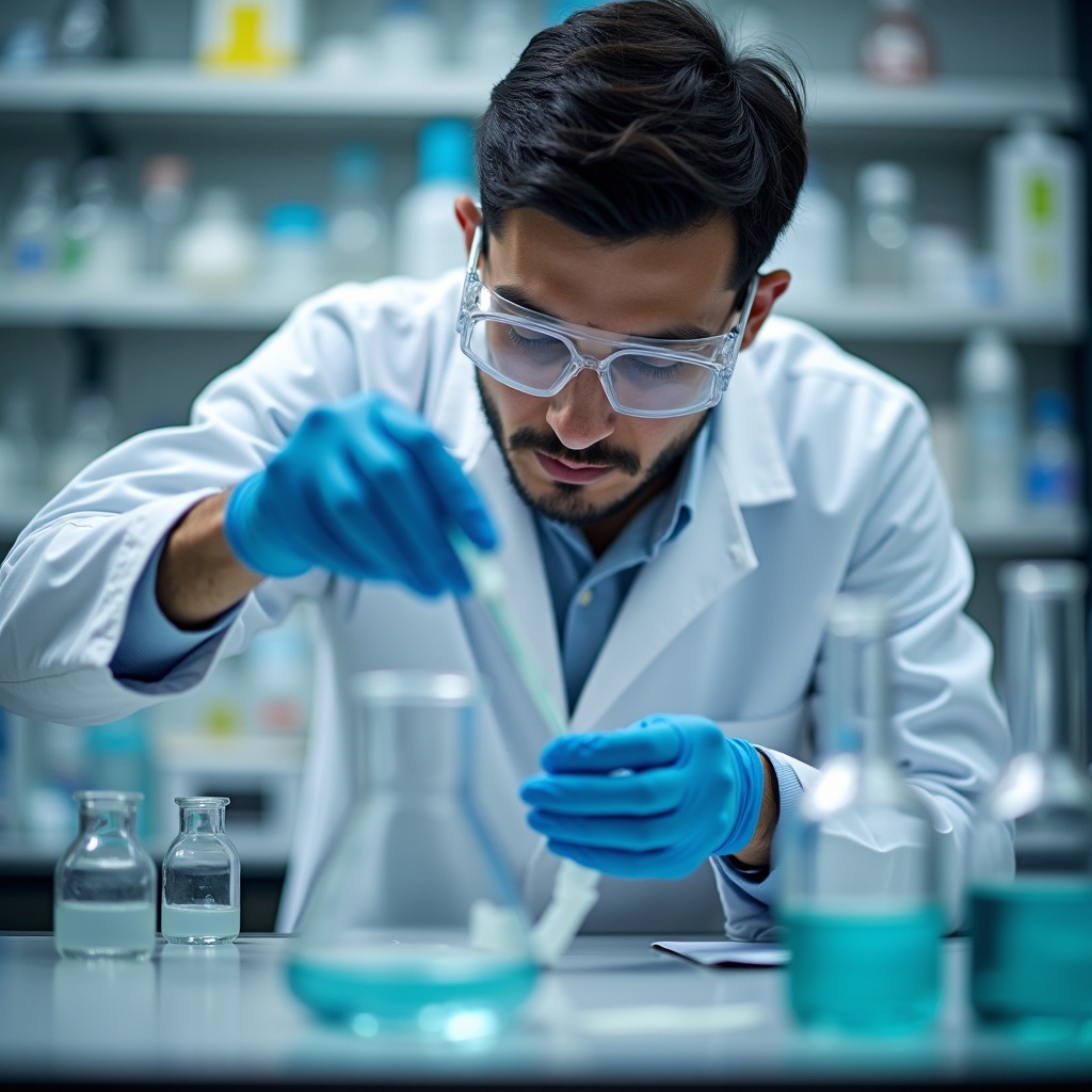 A scientist in a laboratory is focused on conducting a precipitation titration experiment. Dressed in a white lab coat and wearing safety goggles and gloves, he carefully adds a reagent to a flask. The laboratory is filled with various glassware and chemical solutions. This scene captures the essence of scientific research and experimentation. The lighting is bright, highlighting the intricate details of the lab work. A mix of vibrant colors from the liquids in the flasks adds interest to the composition.