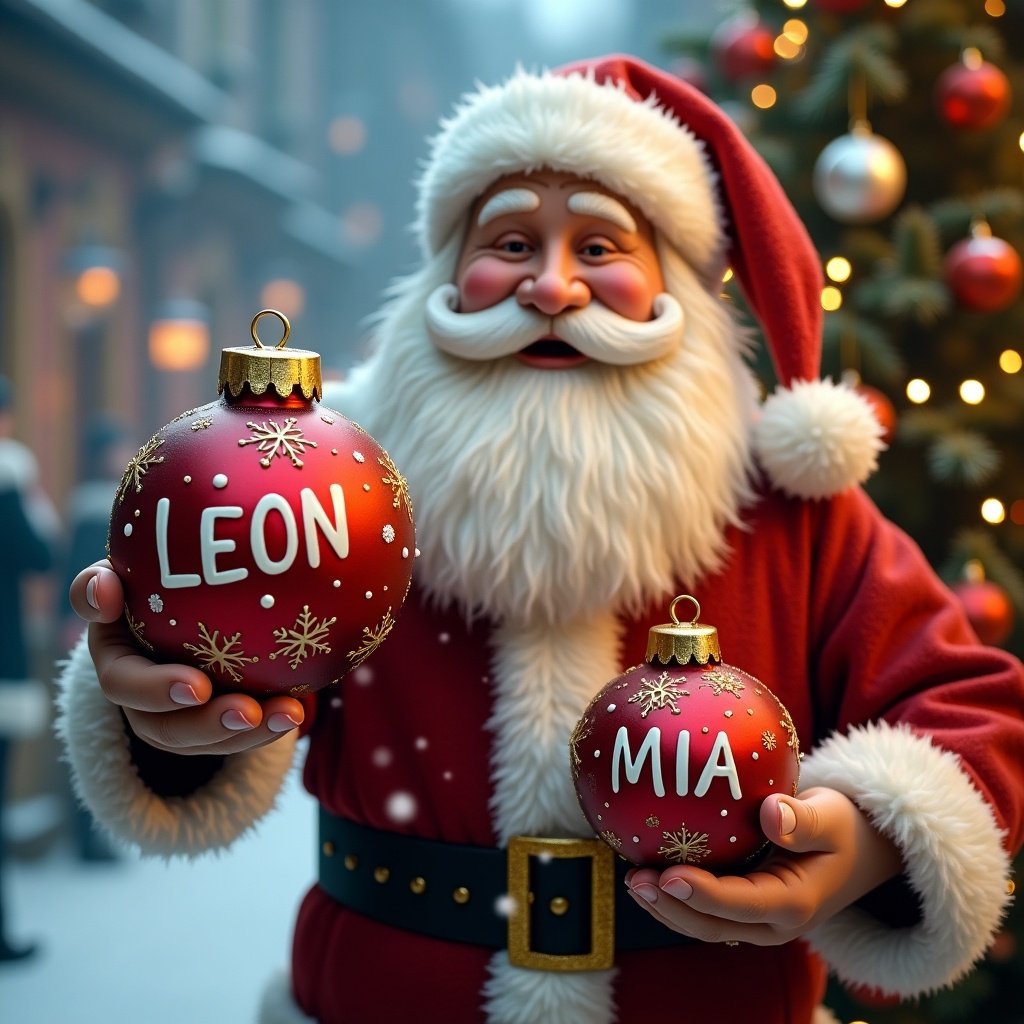 Father Christmas holds red Christmas baubles with names Leon and Mia written on them. The scene features a festive background with decorations.