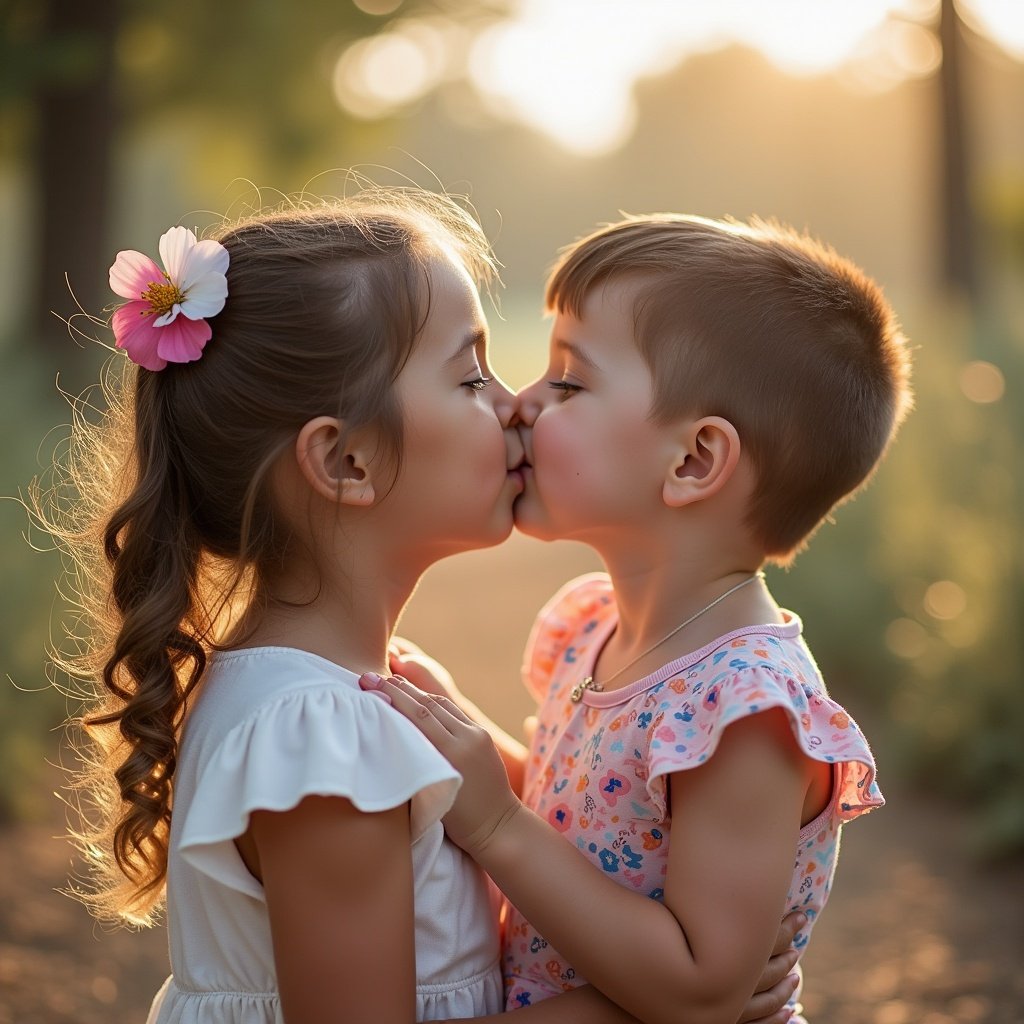 Two children share a gentle moment in a natural setting. The sun sets behind them creating a warm glow. One child has a flower in her hair. Both children are smiling softly while leaning in close.