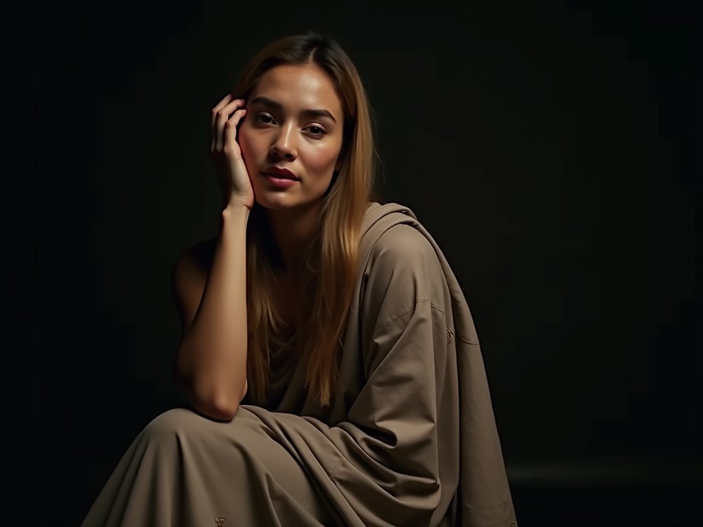 The image captures a woman seated in a contemplative pose, with her hand gently resting against her face. The backdrop is dark, lending an intimate and mysterious atmosphere. Her attire is in a muted, earthy tone which contrasts subtly with the darkness behind her, emphasizing the serene expression on her face.