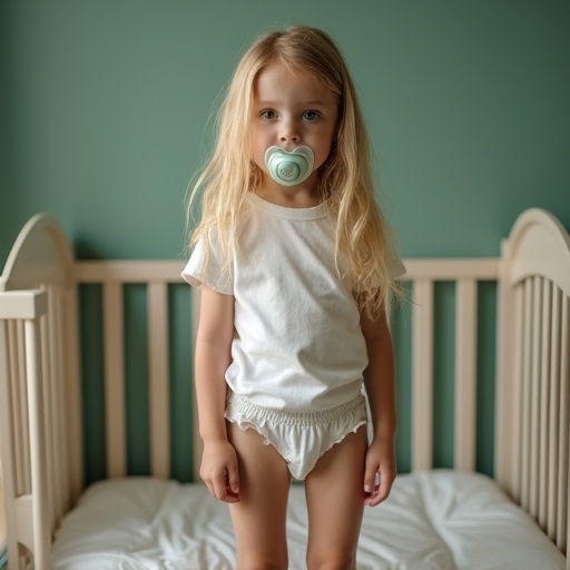 A seven year old long haired blond girl with emerald green eyes wearing underwear and a t-shirt standing in a crib with a pacifier in her mouth.