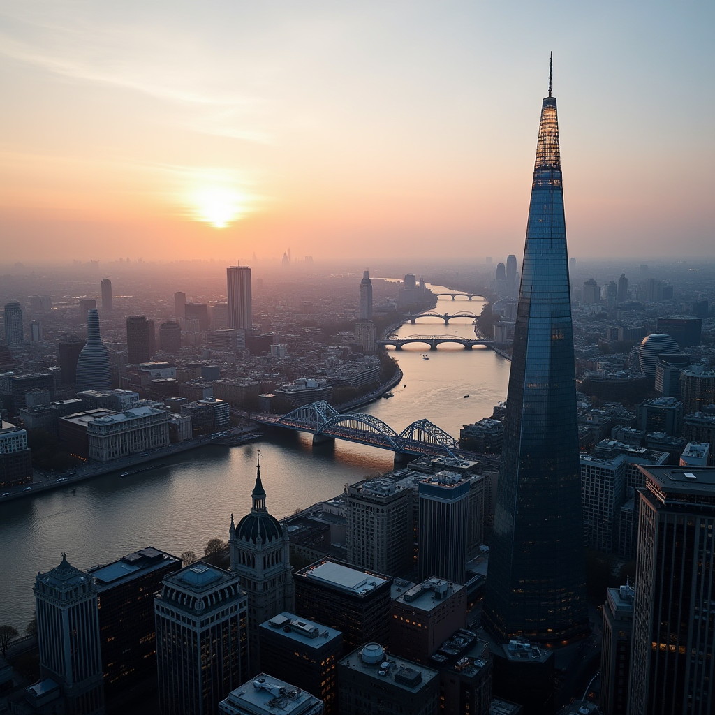 A striking sunset view of a city skyline with a prominent modern skyscraper and a calm river.