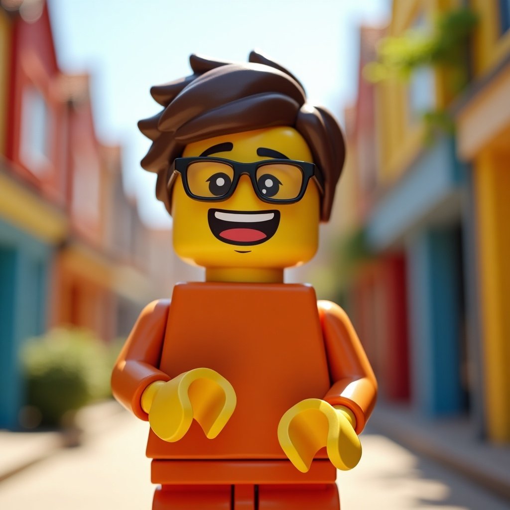 Lego style cartoon character smiles while wearing glasses. Bright orange outfit complements cheerful expression. Background reveals playful miniature toy town bathed in sunlight.