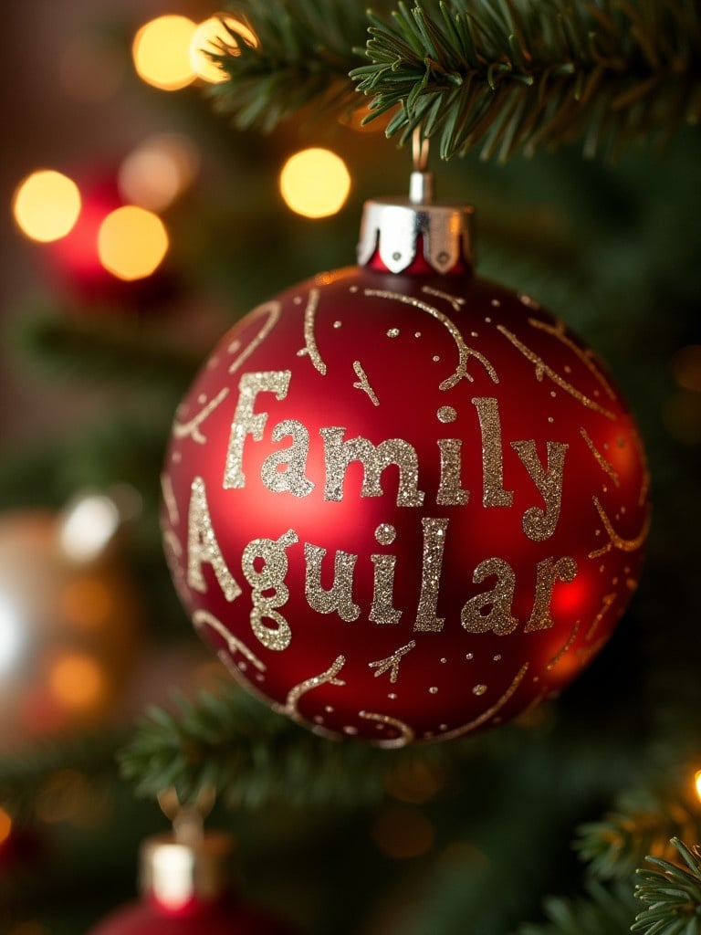 Close-up of a Christmas bauble. Red ornament has gold patterns. Name 'Family Aguilar' displayed. Soft festive lights blur in background.