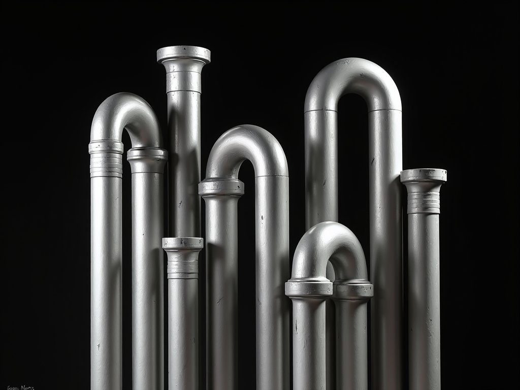 A cluster of metallic silver pipes with U-shaped bends and flared ends against a black background.