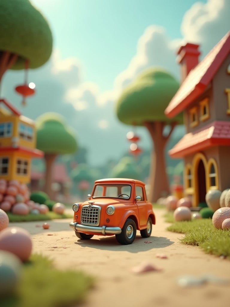 Miniature toy car in a vibrant whimsical town. The setting features oversized trees and houses. Soft blurred background enhances the playful scene. This image captures a storytelling product photography approach.