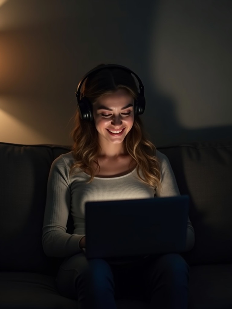 A woman sits comfortably on a couch. She wears headphones and uses a laptop. The setting has low ambient light. Colors are dark and muted. The atmosphere is calm and focused.