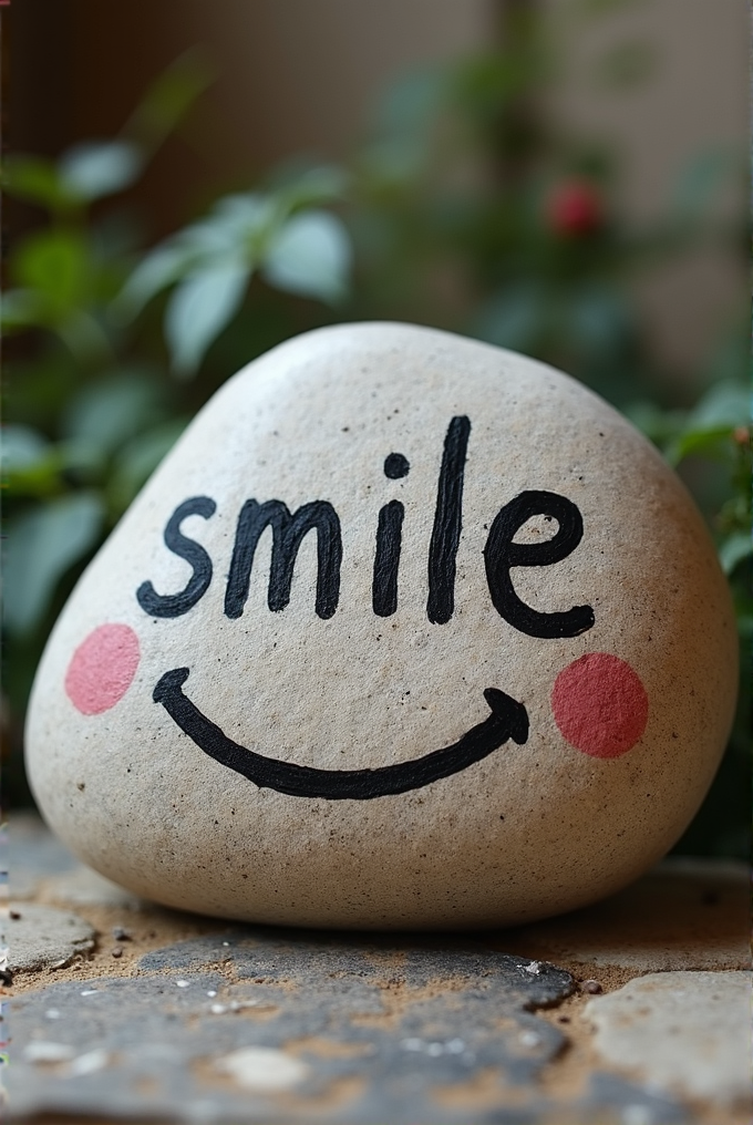 A smooth rock painted with the word 'smile' and a smiling face, placed outdoors with greenery in the background.