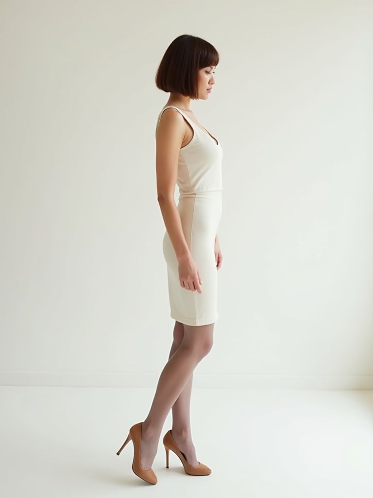 Woman with short bob hair stands gracefully in a minimalist setting. Wearing a light form-fitting dress and pantyhose with high heeled tan pumps. Pose is slightly turned to the side. Showcases the clean lines of the outfit and simplicity of the background. Overall composition captures a serene and refined aesthetic.