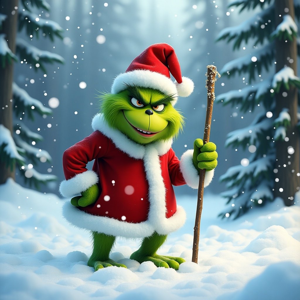 A cartoonish green character resembling the Grinch dressed in a red Santa suit standing in snow with a wooden stick. Snow falling in a winter forest setting.