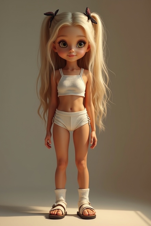 A skinny Caucasian girl in a tight crop top and shorts. She has long, straight blonde hair with clips. She wears white socks and sandals. The girl has a beautiful tanned skin tone. The photo is realistic and has good shadows. The resolution is high. The composition emphasizes her outfit and pose.