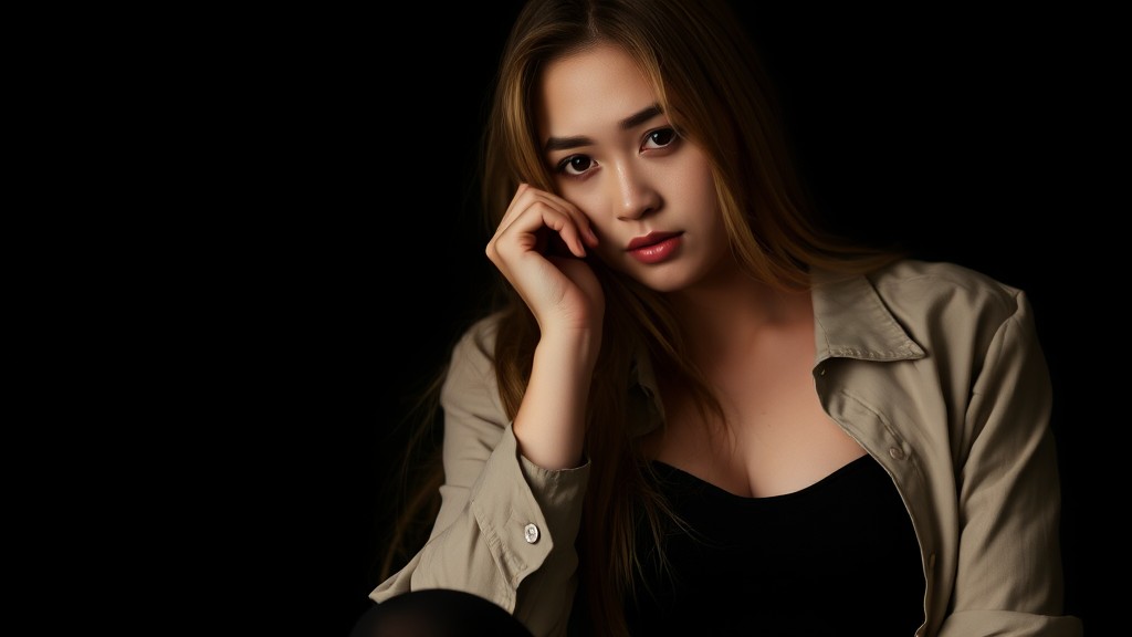 A woman sits pensively against a dark background, wearing a beige jacket.